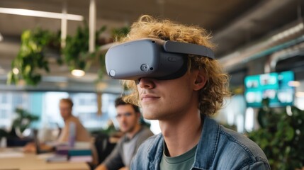Young man wearing virtual reality headset in modern office environment, engaging with technology and immersive experience while others work nearby