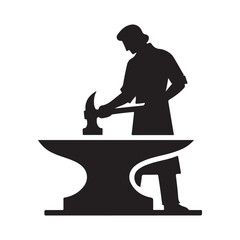 Blacksmith at Anvil vector silhouette outline logo design concept illustration