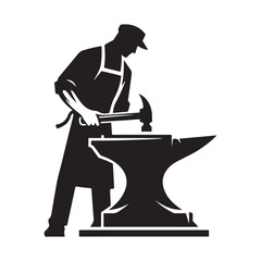 Blacksmith at Anvil vector silhouette outline logo design concept illustration