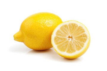 Isolated lemon fruit halves and slices on a white backdrop, fresh and succulent, clipping path included, set collection
