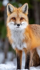 Fototapeta premium A Curious Fox with Striking Red Fur and Bushy Tail Observes the Winter Wonderland Landscape