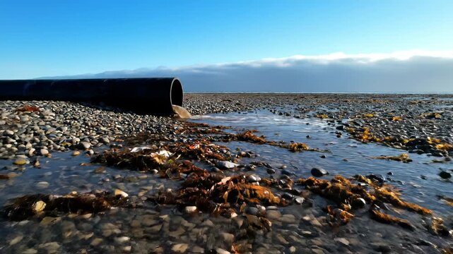 Water pours from pipe onto pebble beach. Outfall drains with tide across shore. Pollution runoff mixes with sea water on pebble. Drainage pipe empties into coastal water. Shore erosion near outfall.