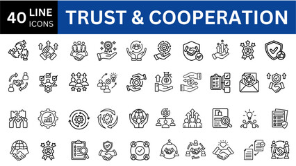 Trust And Cooperation editable line icon set. 