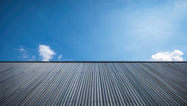 Corrugated steel wall of an industrial warehouse contrasted by a bright blue sky, structural durability
