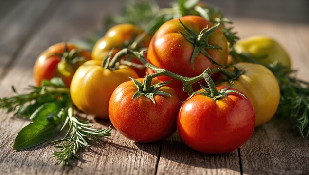 Heirloom tomatoes arranged on a rustic wooden surface, showcasing seasonal produce