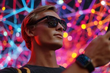 Urban connectivity: stylish young man engaged with technology in the city. Neural connections. Smart form and function: urban dweller embraces tech-connected living. Tech innovation.