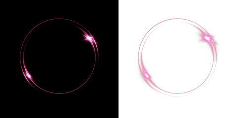 Pink swirl light ring PNG with shiny particles and glowing trail. Bright round circle with glitter for love, wedding, or modern background.