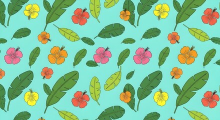 Bold graphic vector pattern depicting tropical banana leaves and hibiscus flowers in flat bright colors with clean outlines.
