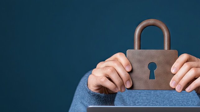 Hands engaged in secure typing on a laptop with a digital padlock icon symbolizing cybersecurity in a dark blue setting
