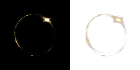 Golden swirl ring PNG with glitter and glowing sparks. Light circle aura isolated on transparent...