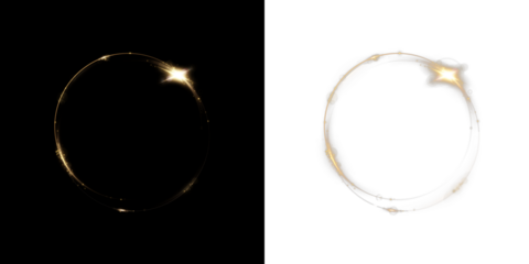 Golden swirl ring PNG with glitter and glowing sparks. Light circle aura isolated on transparent background for luxury, festive, and elegant design.