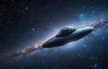 Flying saucer in space against background of stars and galaxy.
