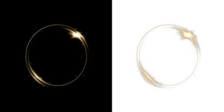 Glowing gold circle PNG  shiny round light effect with sparkles and glitter trail. Bright magic ring on transparent background for celebration or logo frame.
