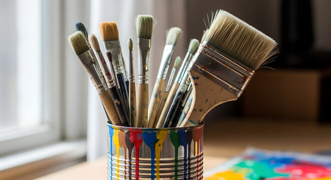 Assorted paint brushes arranged in a colorful canister on a table   - Powered by Adobe
