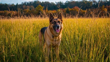 German Shepherd enjoying a sunny day in a grassy meadow during fall