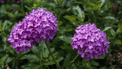 Obraz premium Bright purple blossoms form lively groups, their detailed petals contrasting with lush green leaves, embodying the spirit of spring and nature's charm.