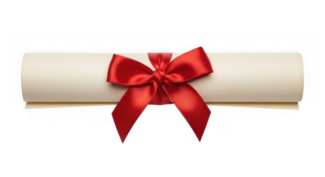 Rolled diploma scroll with a vibrant red ribbon on background