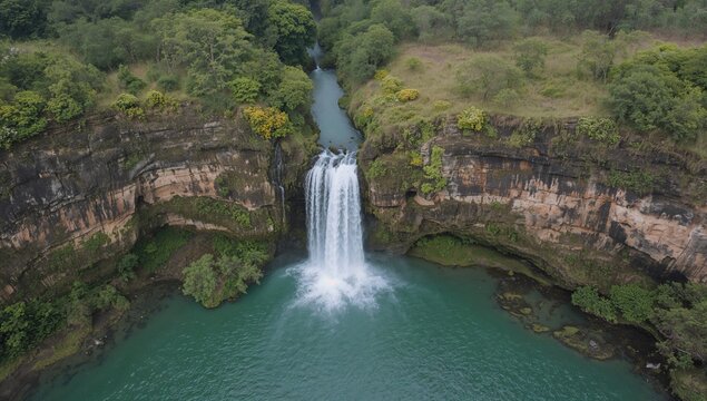 Aerial view of two majestic waterfalls descending rocky cliffs in a canyon, showcasing natural beauty, preservation