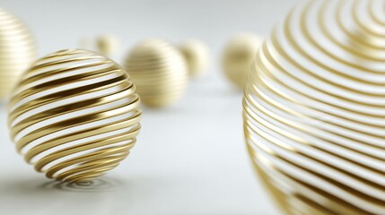 Fototapeta premium Elegant golden spheres with spiral patterns arranged in a harmonious composition, symbolizing luxury and sophistication in a minimalist setting