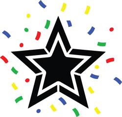 Exploding black star with a bold double outline and surrounding burst of colorful confetti, representing a big success, winner, and grand celebration.