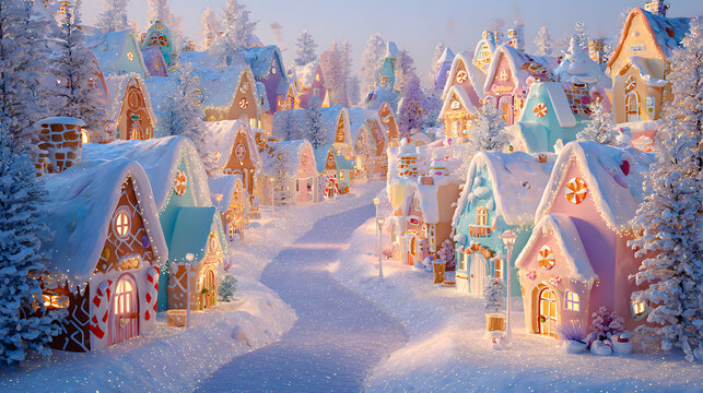AI-generated image of a winter wonderland of Christmas spirits, where gingerbread houses and candy cane trees come to life
