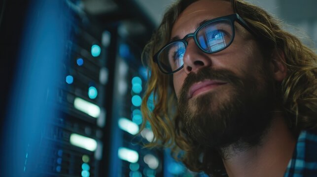 Thoughtful Young Man with Glasses Staring at Server Display in Data Center, Engaged in Technology and IT Support Work