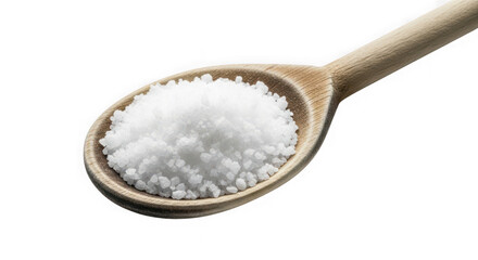 Coarse sea salt crystals in wooden spoon for cooking and seasoning