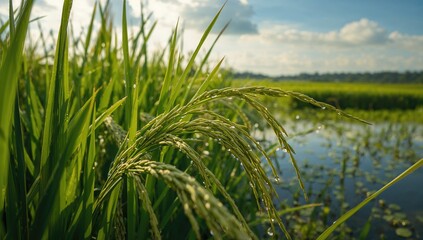Fototapeta premium Detailed view of thriving rice crops featuring slender foliage and developing grain clusters, emphasizing agricultural vitality