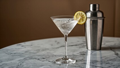 Cocktail with lime, shaker placed on a marble surface, refreshing drink for social gatherings