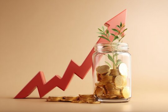 Three dimensional rendering illustrates growing financial investment represented by coins in a jar and an upward trending arrow