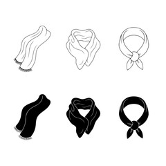 Scarf and Shawl Icons Set (Flowing Style): Collection of Black and White Line and Glyph Vector Symbols Representing Elegant Neck Accessories, Fashionable Clothing, and Stylish Winter Wear.