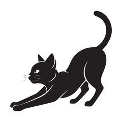 Stretching black cat isolated on white background