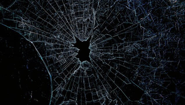 Shattered glass featuring numerous fractures, photographed in a studio setting against a dark backdrop