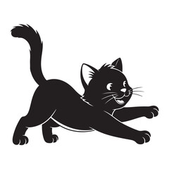 Black cat stretching isolated on white background