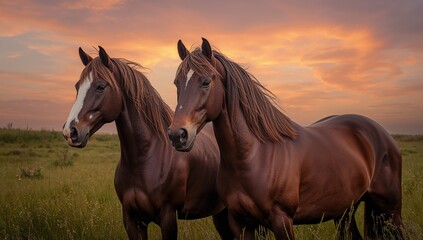 Obraz premium Majestic horses grazing in a sunlit field, symbolizing tranquility and connection with nature