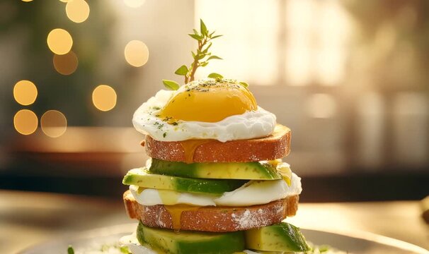 Gourmet avocado slices and toast stacked with a fried egg, ready for a healthy meal