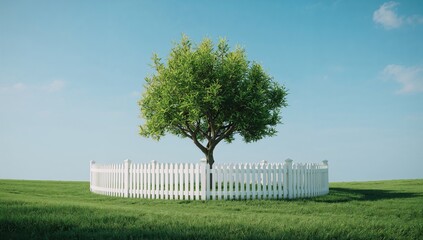 Tree safeguarded by an attractive fence, preservation