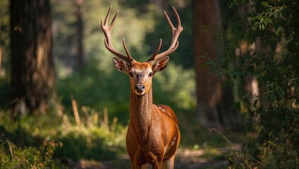 Fototapeta premium A Barbary stag in a sunlit forest gazing toward the observer, showcasing the beauty of wildlife