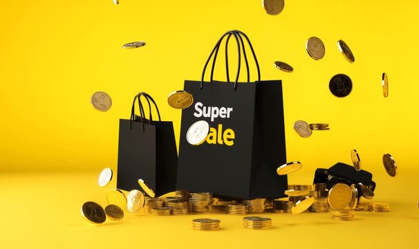 Shopping bags with super sale text and falling coins on a yellow background