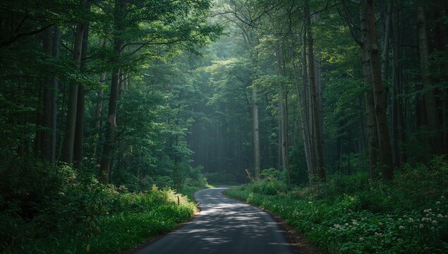 A winding path enveloped by dense woodland with limited sight distance