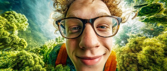 Embracing joy: the cheerful look of a young dreamer. Dreamlike imagery. Vibrant youth in nature: a joyful and confident student's portrait. Avant-garde shots. Unusual perspectives.