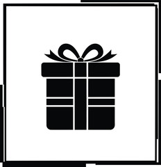 Clean black gift box icon with a simple bow and ribbon in an abstract monochrome frame, symbolizing a present, reward, sale, or event surprise.