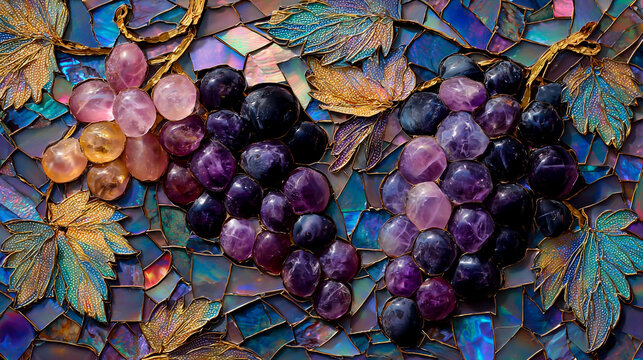 A mosaic of grapes made from amethyst, rose quartz and amber
