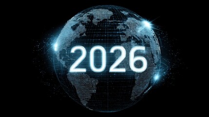 Futuristic digital globe with the year 2026 displayed, highlighting a network of connections and technology in a dark background for innovative concepts