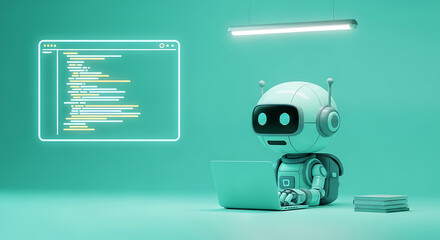 Cute robot programmer coding on a laptop with a digital code window on a teal background
