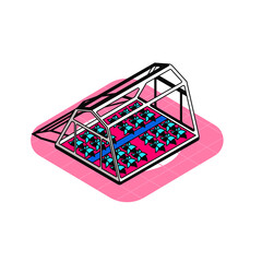 Isometric Greenhouse structure with rows of blue plants under a transparent roof on a pink background with white outline shadows