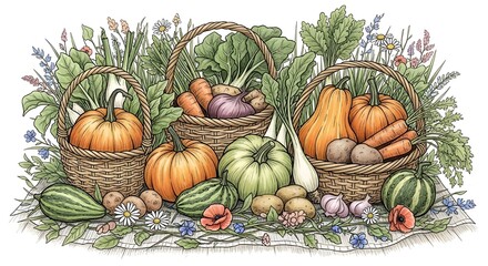 Hand-drawn style illustration of seasonal vegetable harvest baskets surrounded by wildflower sprigs, evoking farm-to-table freshness
