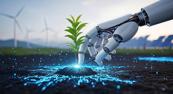 Robotic hand planting a seedling with glowing blue particles and wind turbines in the background