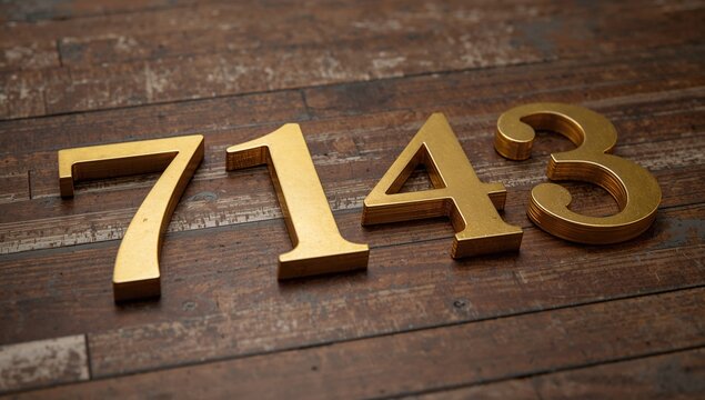 Gold-painted wooden numbers 7143 on a patterned plank surface, suitable for decorative purposes