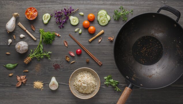 Ingredients, chopsticks, and an empty iron wok arranged on a dark grey wooden table, suitable for editorial header background